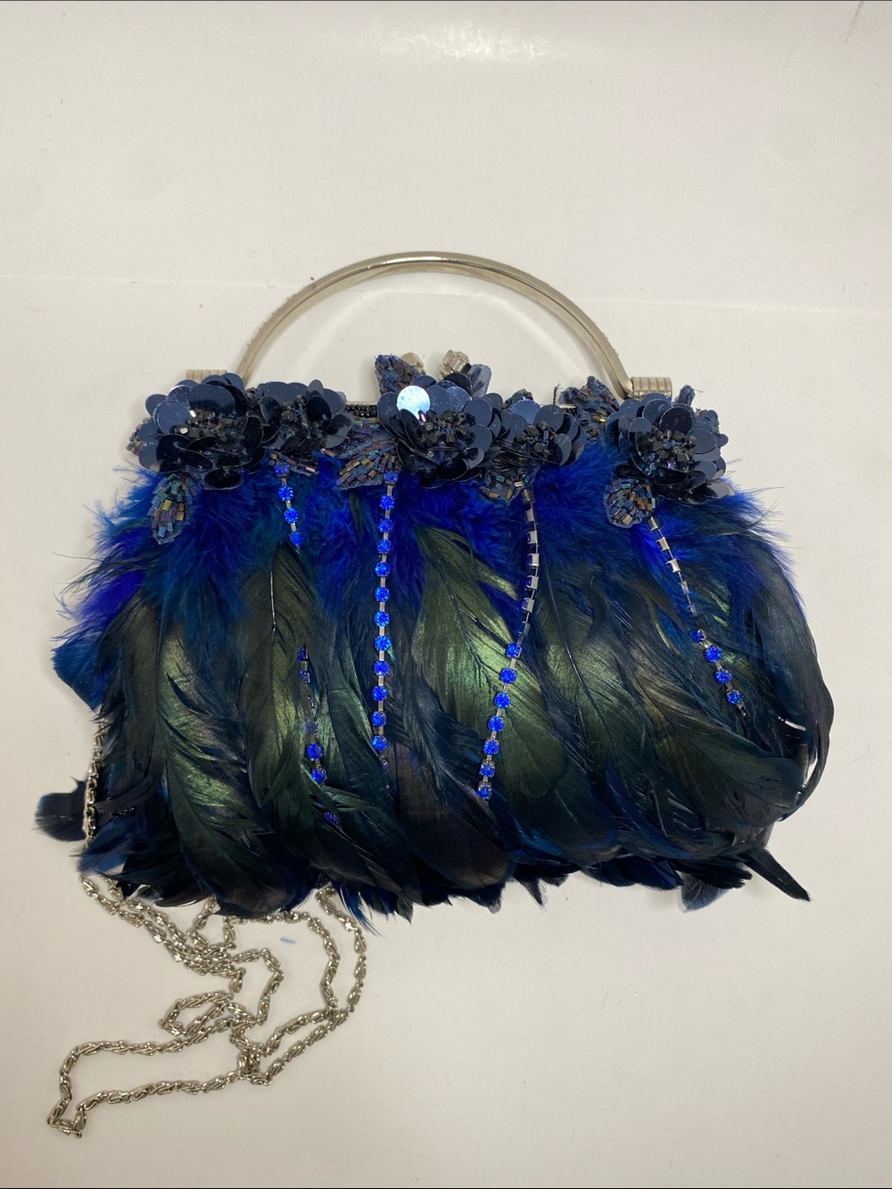 Chico's Feather Rhinestone and Sequin Evening Clutch with Detachable Chain